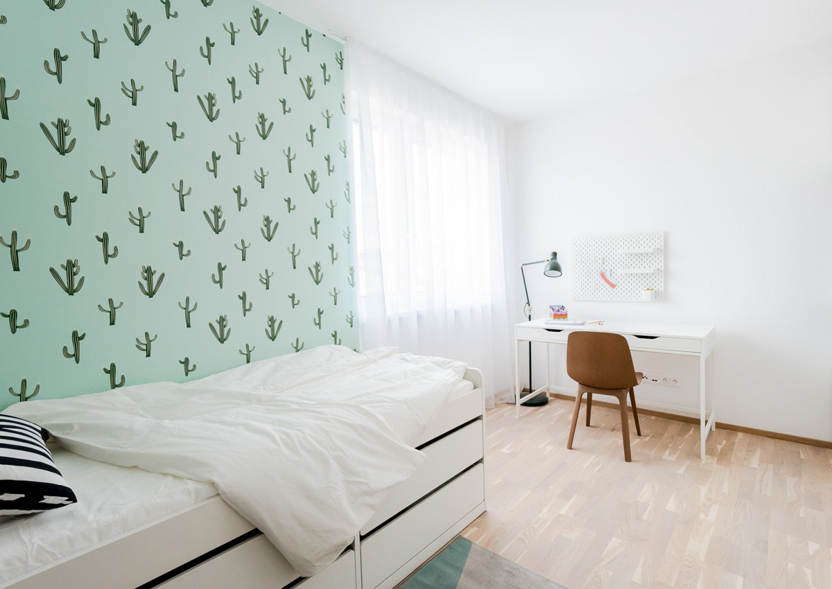 Interiér vzorového bytu Kolísky s tapetami a textilmi od Horus Trade